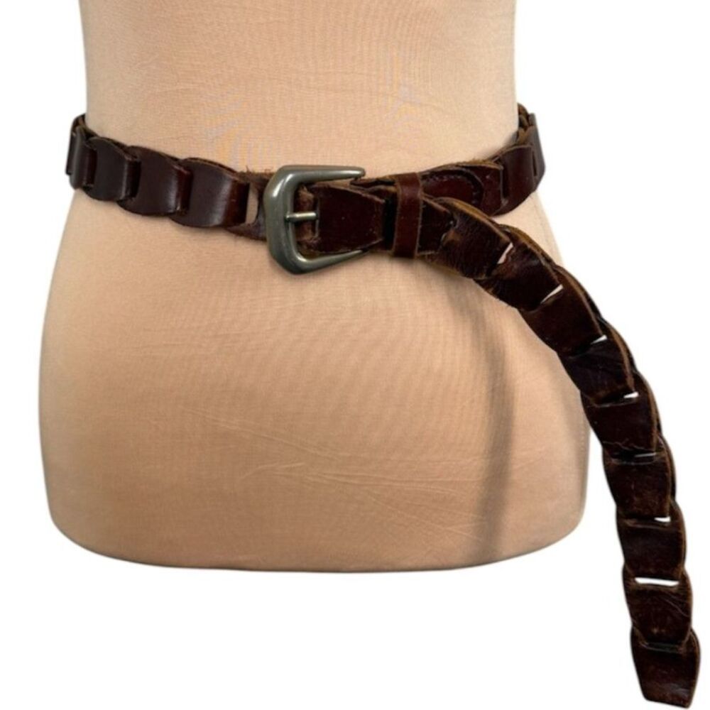 Vtg Brown Leather Belt Sz M/L Adjustable Link Style Braided Boho Distressed
